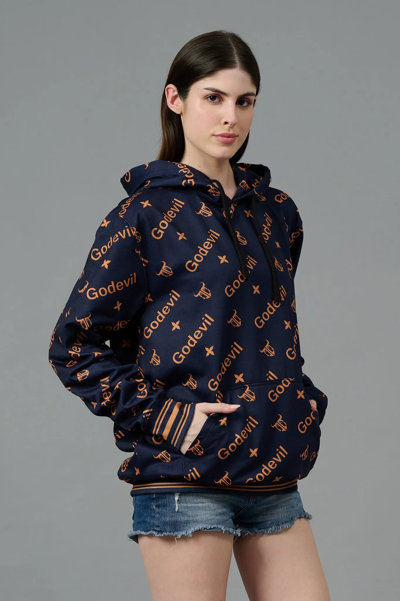 Go Devil All Over Print  Brown Black Hoodie for Women