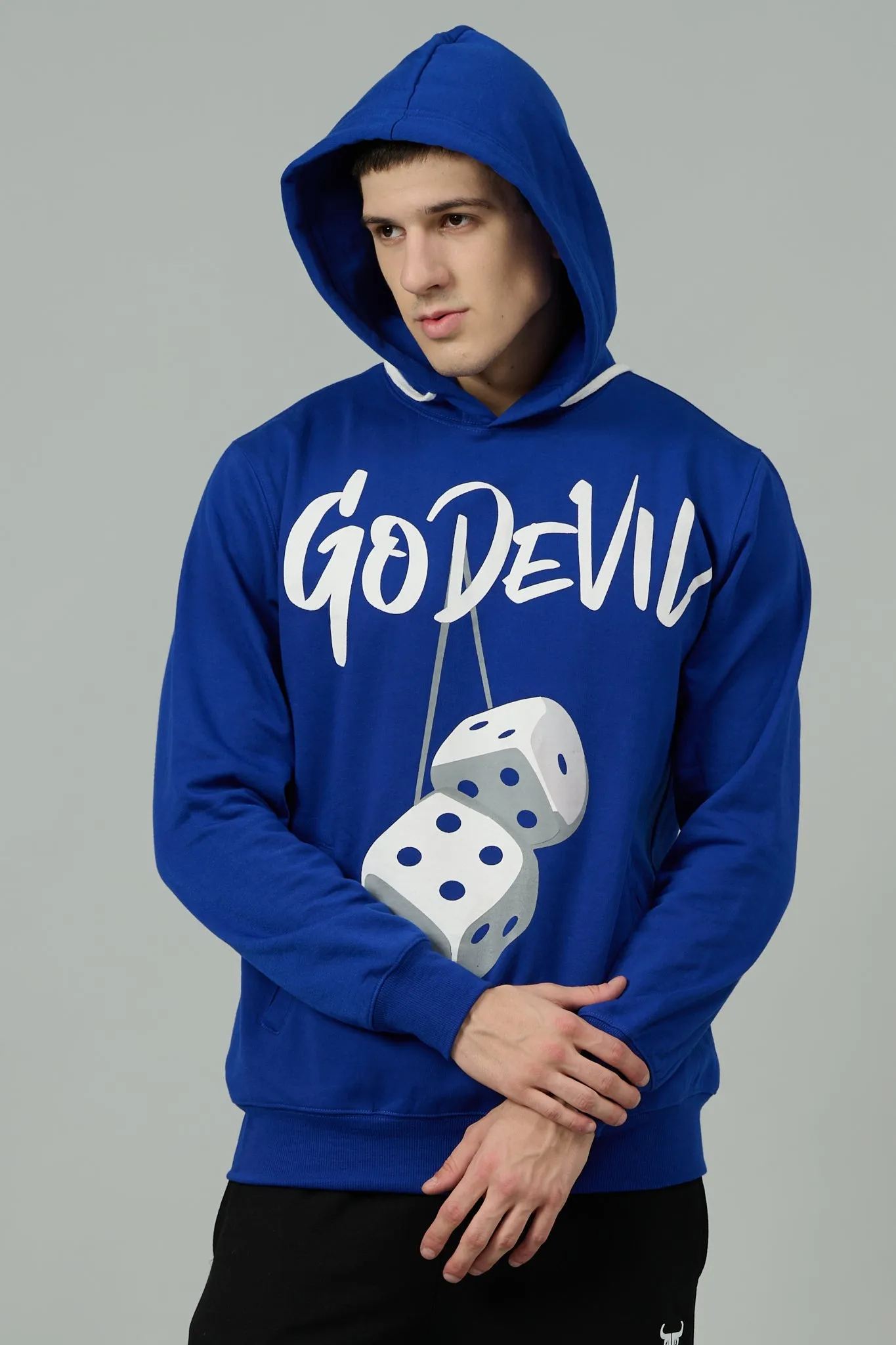 Go Devil Dice Printed Blue Hoodie for Men