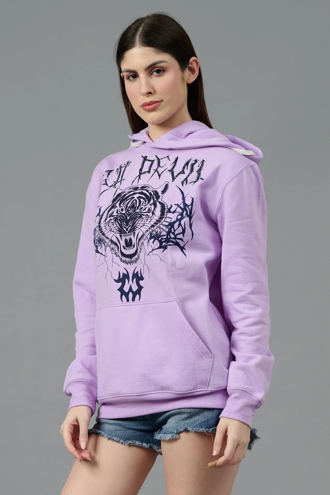 Go Devil (Tiger) Printed Purple Hoodie for Women