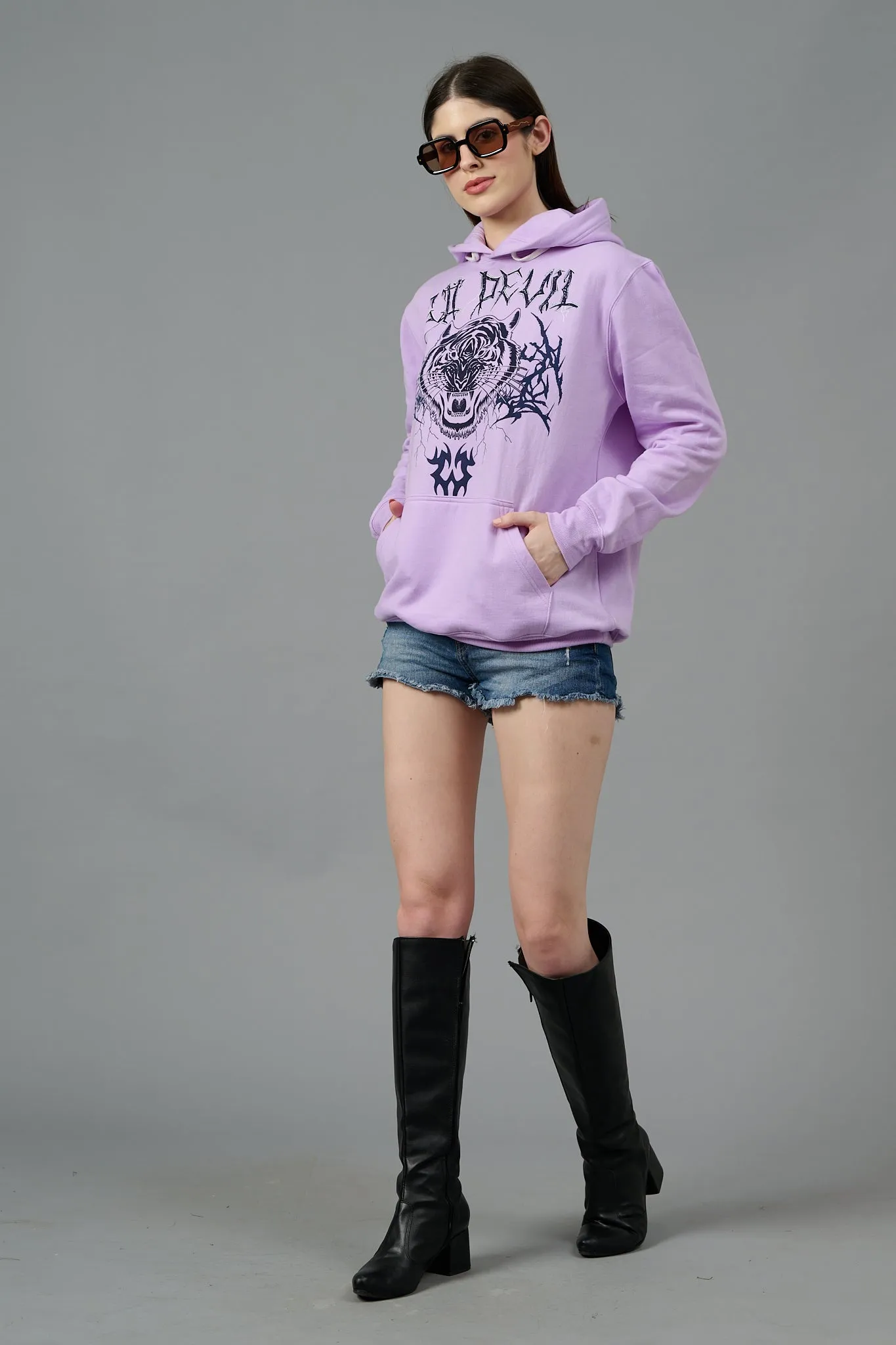 Go Devil (Tiger) Printed Purple Hoodie for Women