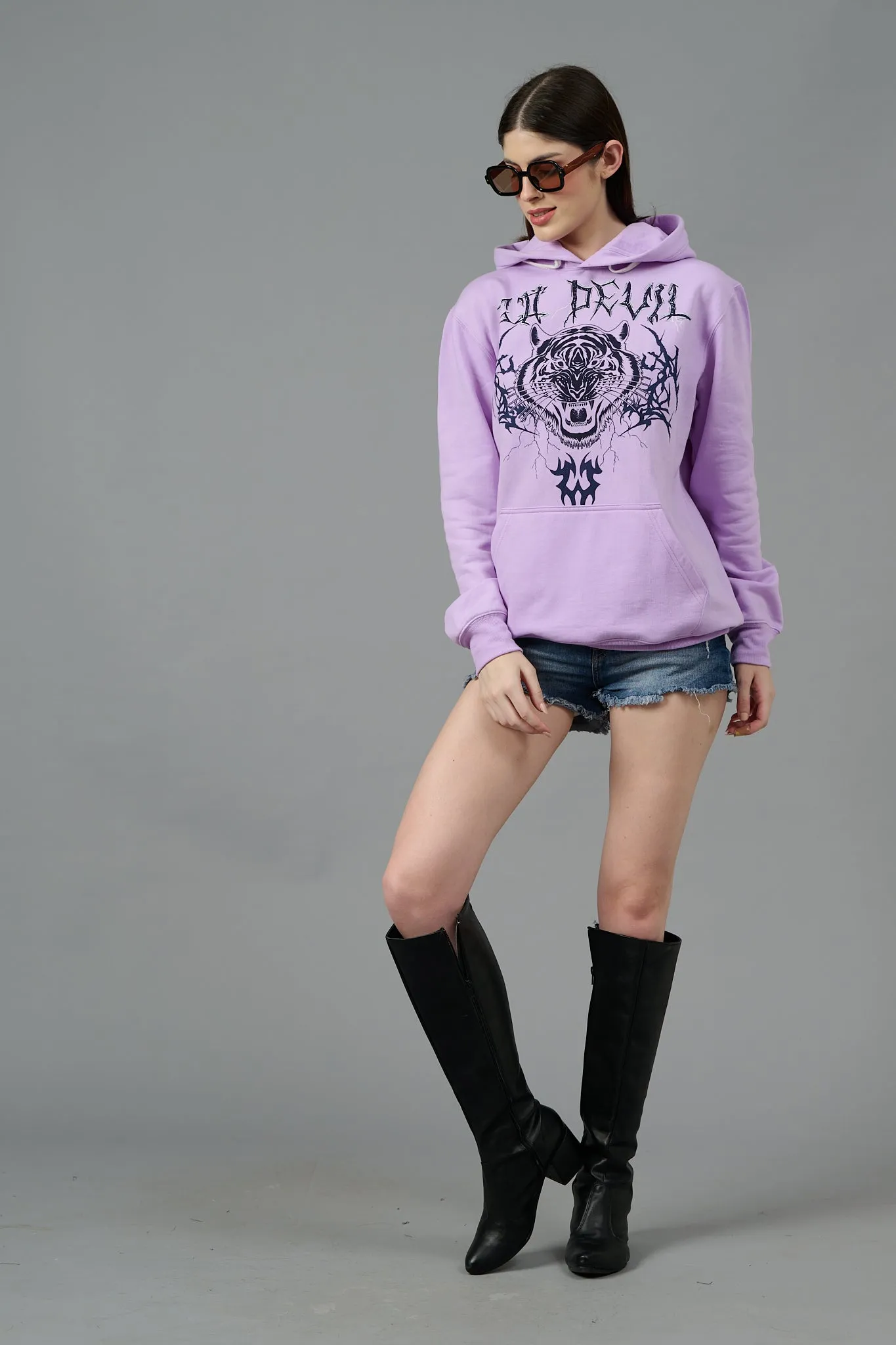 Go Devil (Tiger) Printed Purple Hoodie for Women