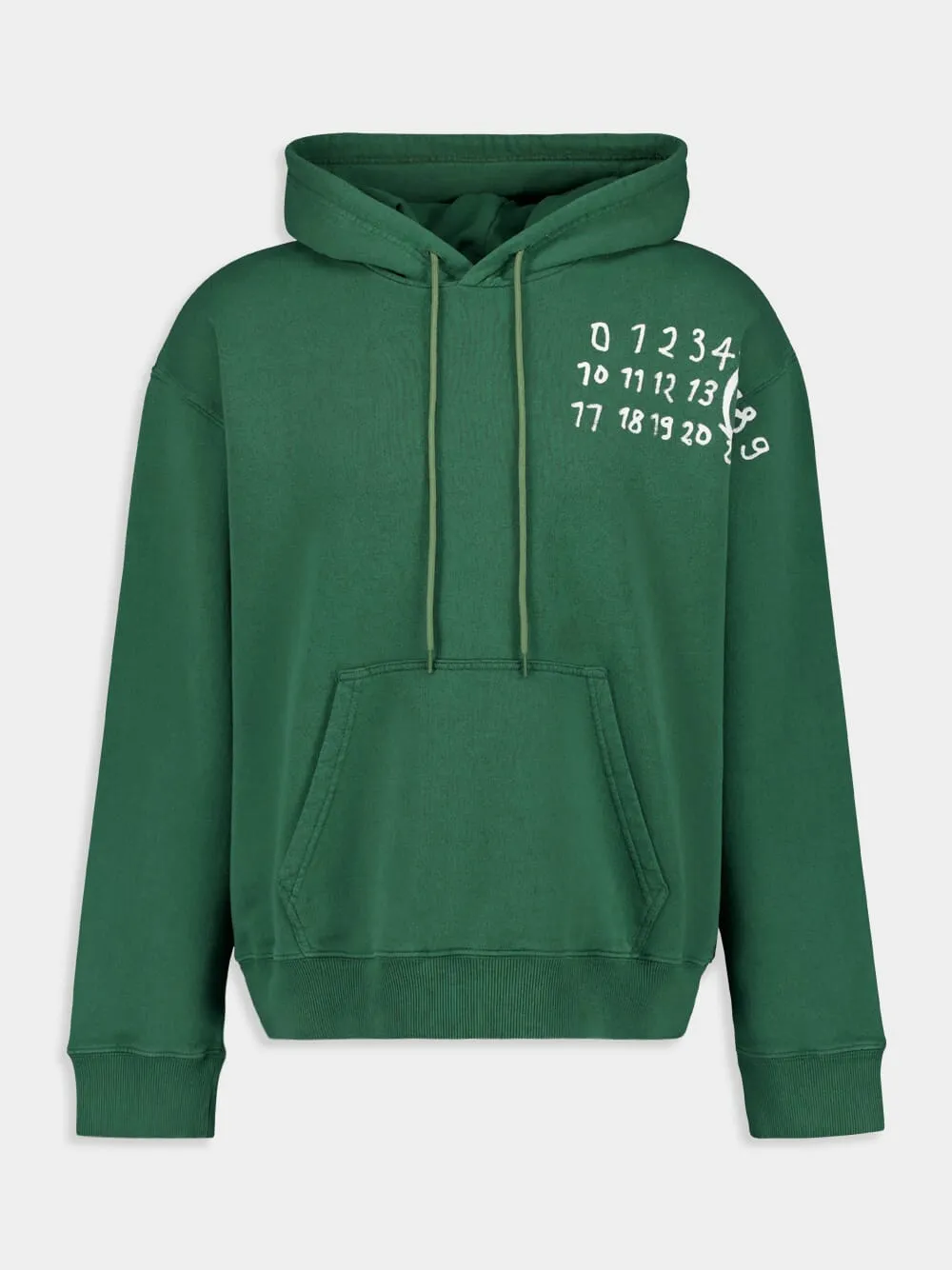 Green Cotton Numbers-Motif Drawstring Hoodie