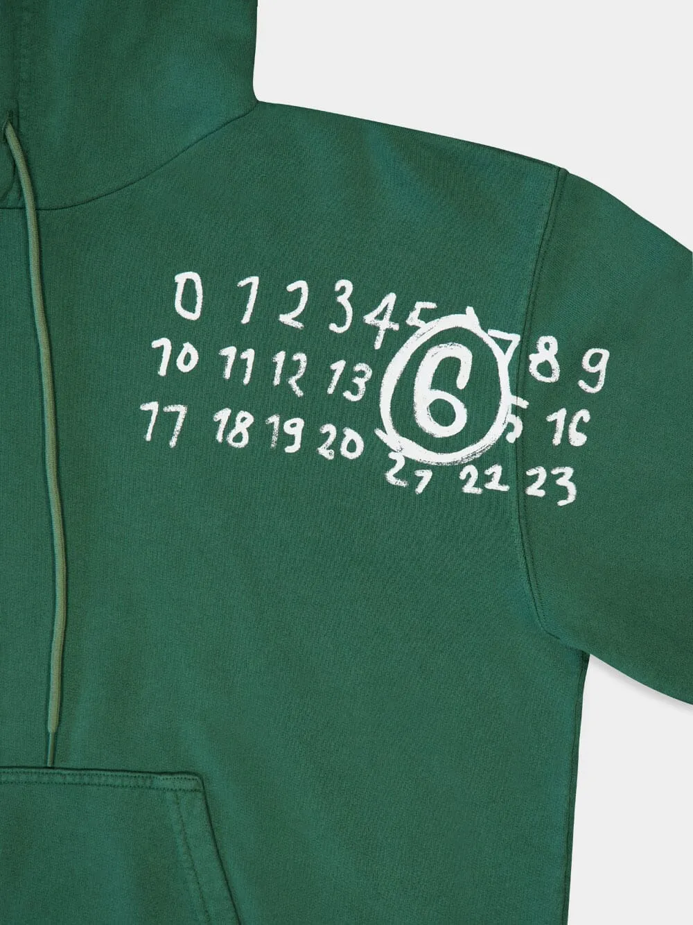 Green Cotton Numbers-Motif Drawstring Hoodie