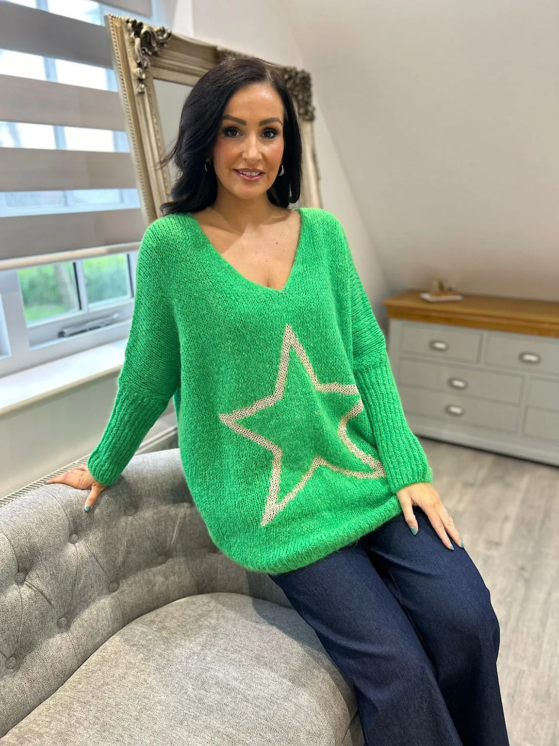 Green V Neck Shimmer Star Knit Fiona