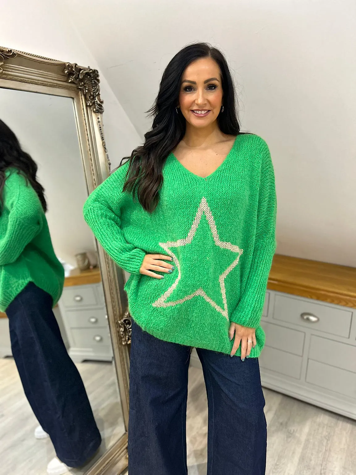 Green V Neck Shimmer Star Knit Fiona