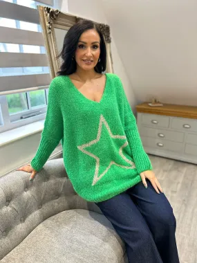 Green V Neck Shimmer Star Knit Fiona