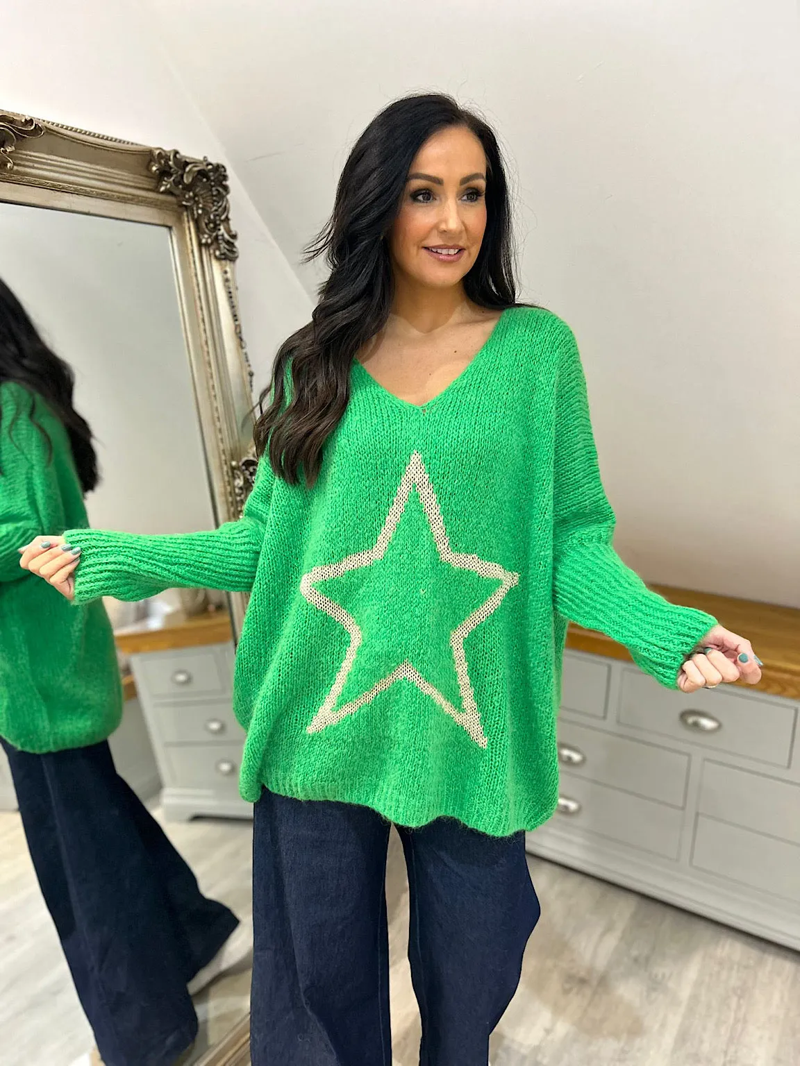 Green V Neck Shimmer Star Knit Fiona