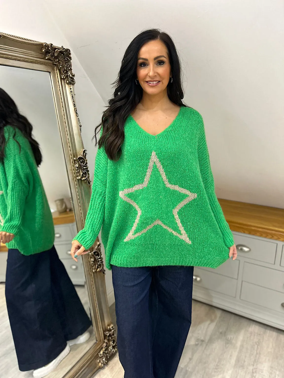 Green V Neck Shimmer Star Knit Fiona