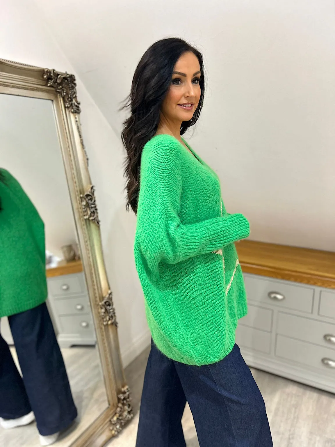 Green V Neck Shimmer Star Knit Fiona