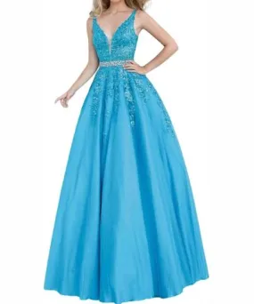 JVN Embellished Lace Prom Dress In Turq