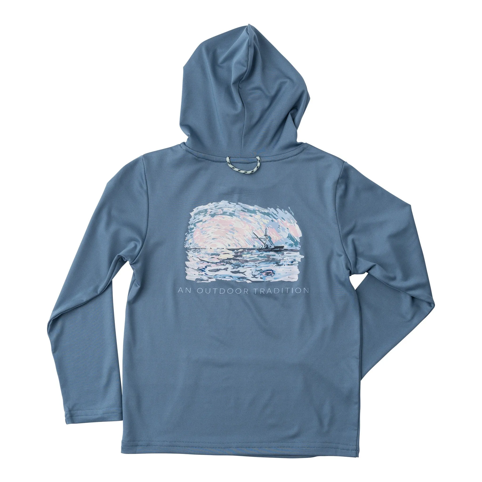 Kid's Pro Performance Hoodie Fishing T-shirt in Bluefin Blue with a Sportfisher Sunset