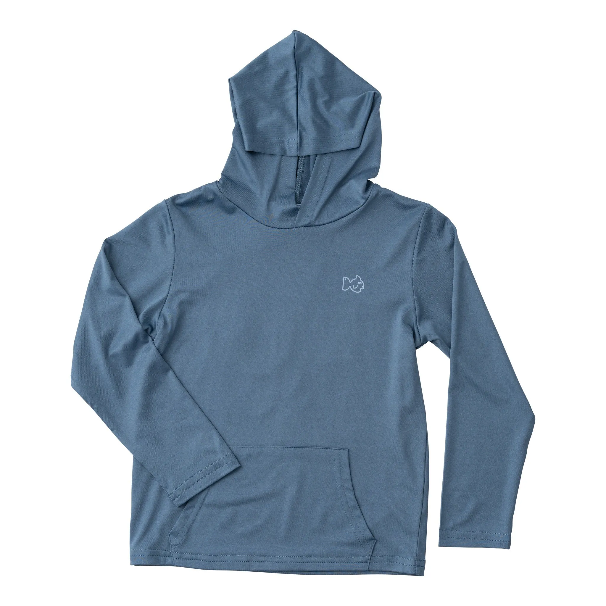 Kid's Pro Performance Hoodie Fishing T-shirt in Bluefin Blue with a Sportfisher Sunset