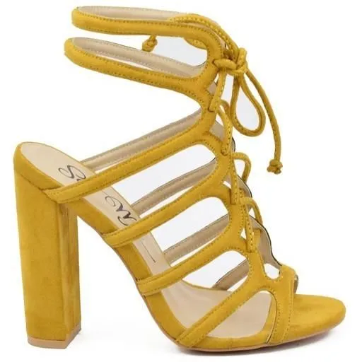 Kris Suede Mustard Lace Up Block Heel Sandals