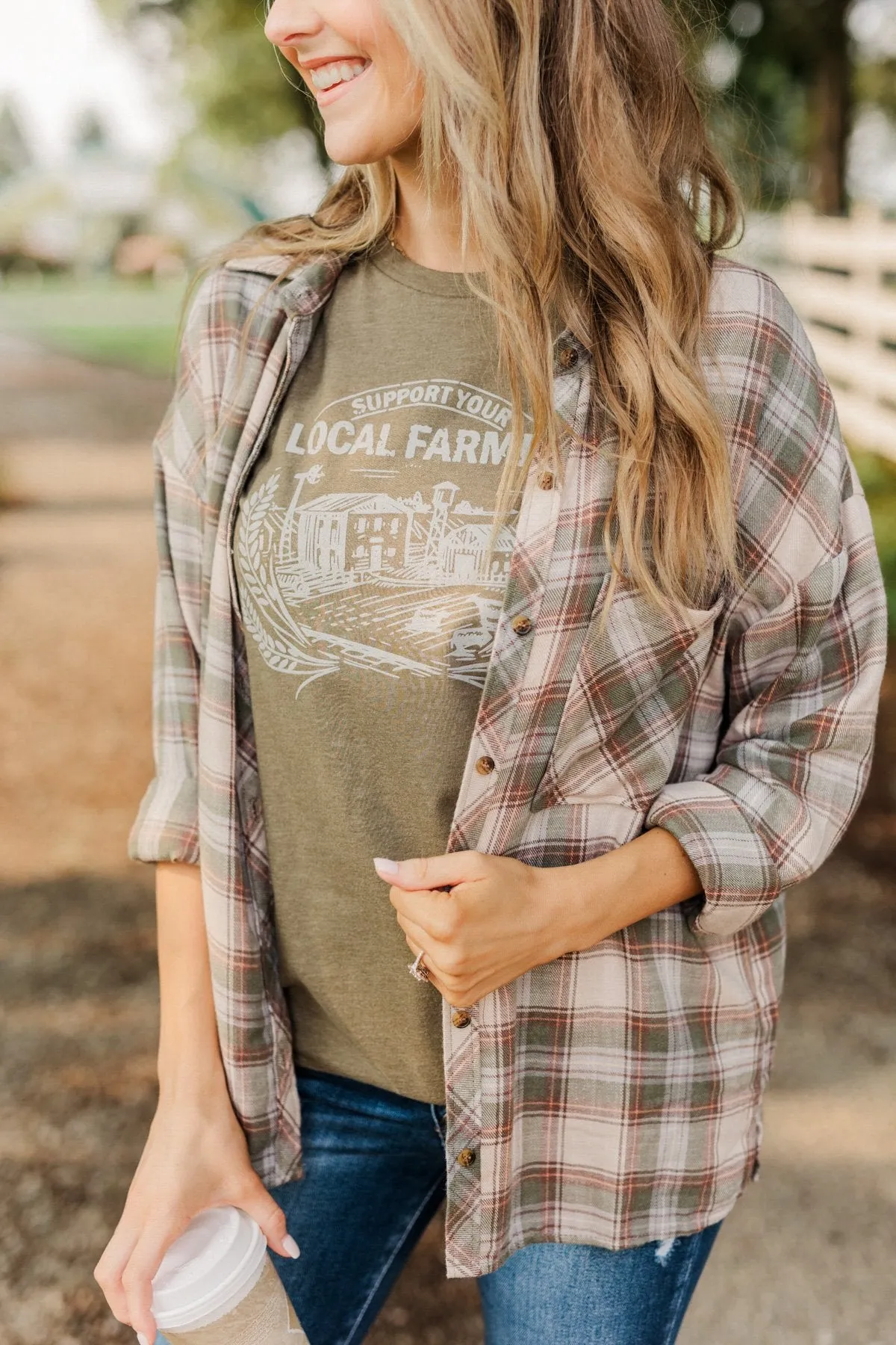 Little By Little Button Down Plaid Top- Cream & Olive