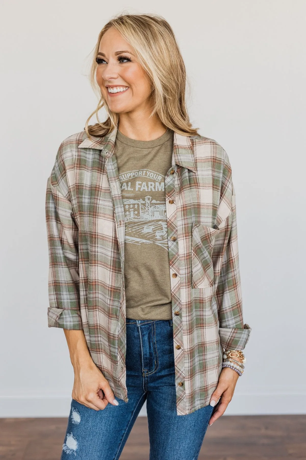 Little By Little Button Down Plaid Top- Cream & Olive