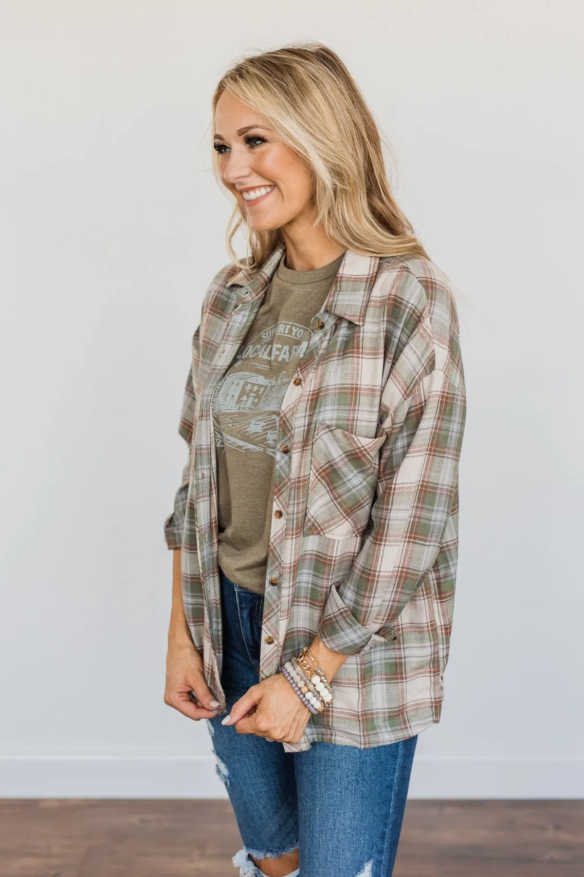 Little By Little Button Down Plaid Top- Cream & Olive