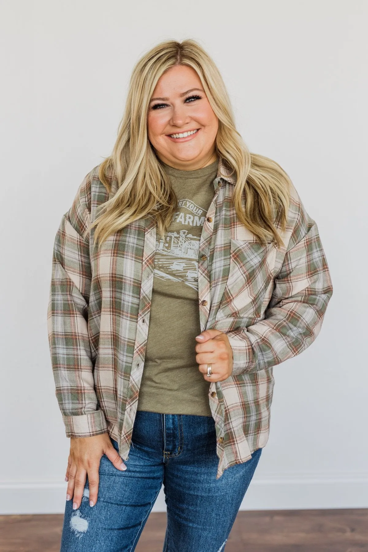 Little By Little Button Down Plaid Top- Cream & Olive