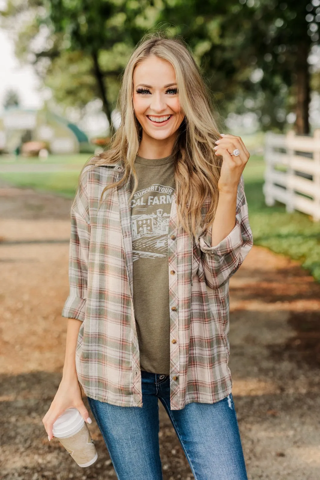 Little By Little Button Down Plaid Top- Cream & Olive