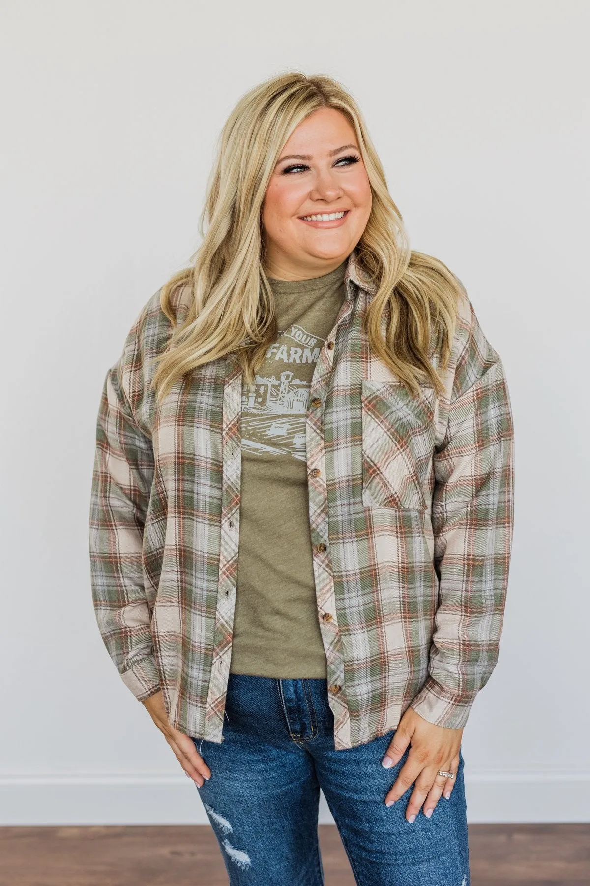 Little By Little Button Down Plaid Top- Cream & Olive