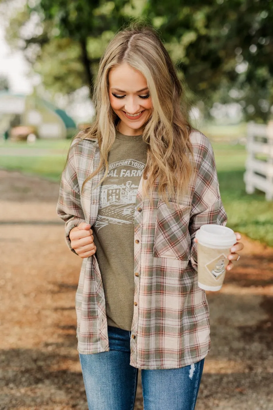 Little By Little Button Down Plaid Top- Cream & Olive