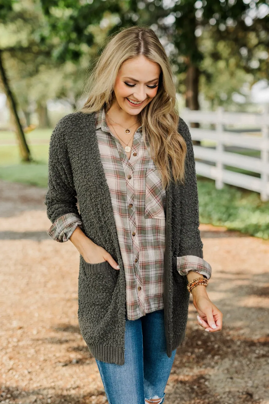 Little By Little Button Down Plaid Top- Cream & Olive