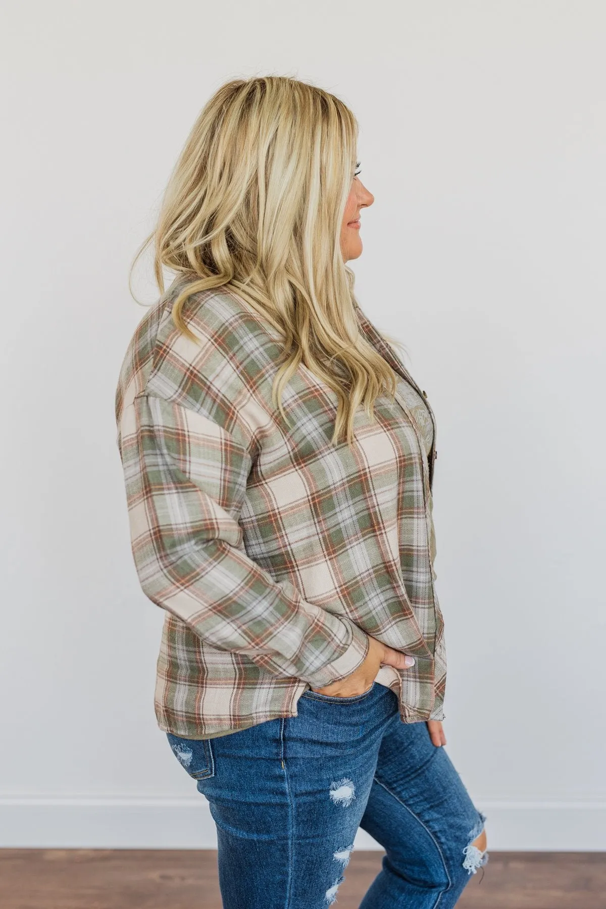 Little By Little Button Down Plaid Top- Cream & Olive