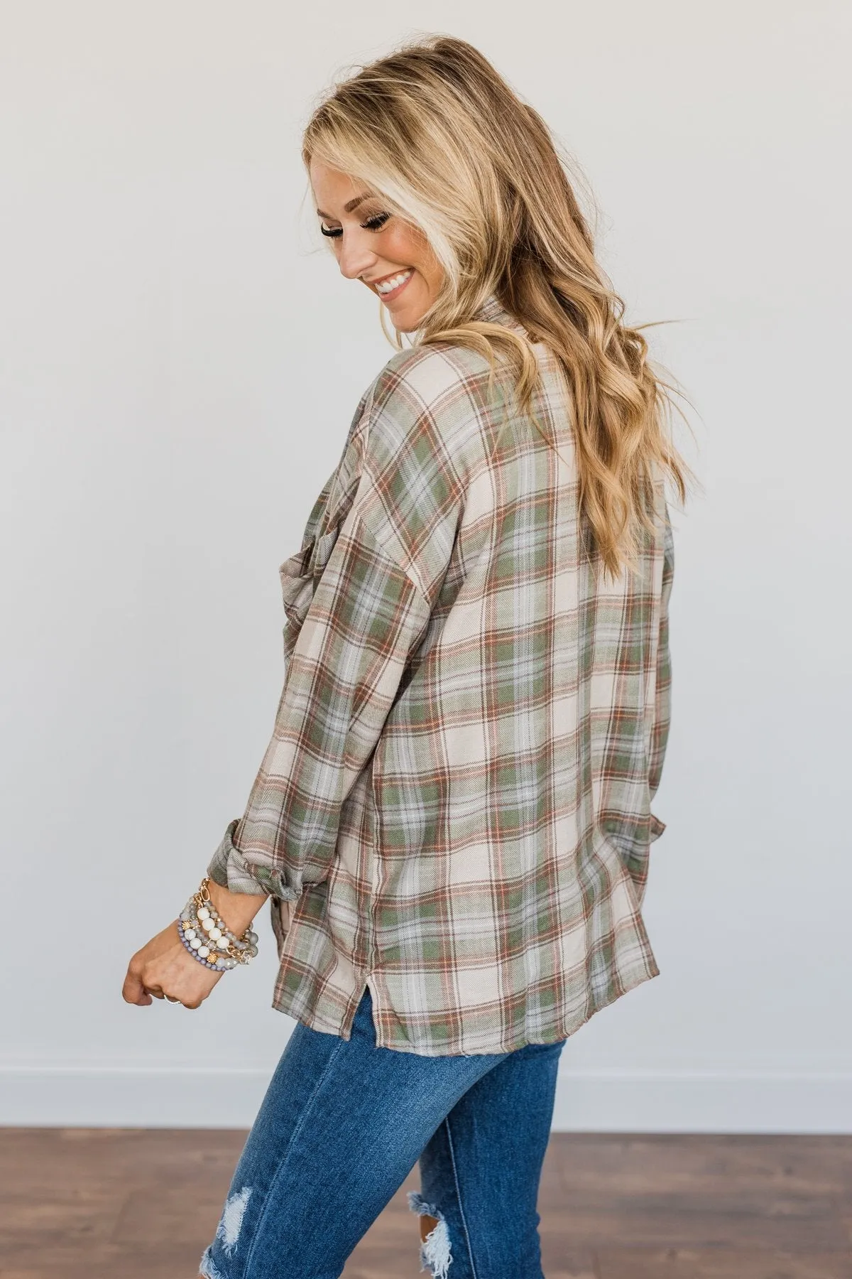 Little By Little Button Down Plaid Top- Cream & Olive