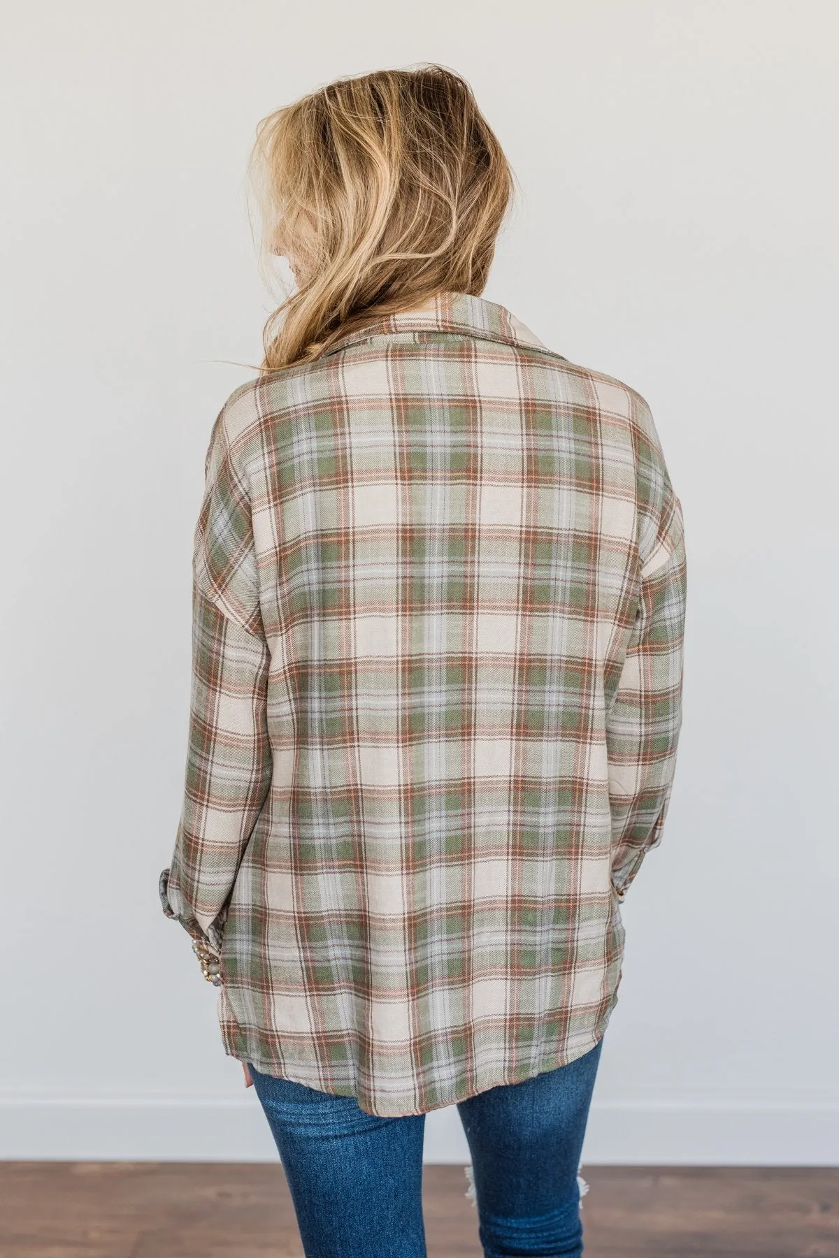 Little By Little Button Down Plaid Top- Cream & Olive