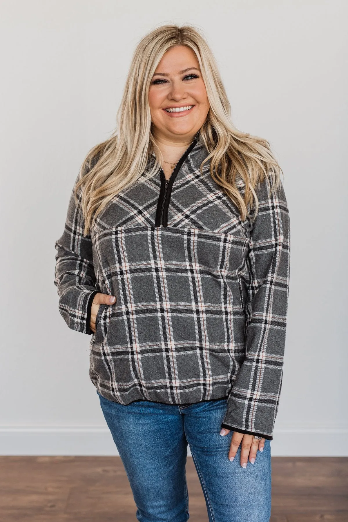 Make Them Smile Quarter Zip Flannel Jacket- Charcoal & Rust