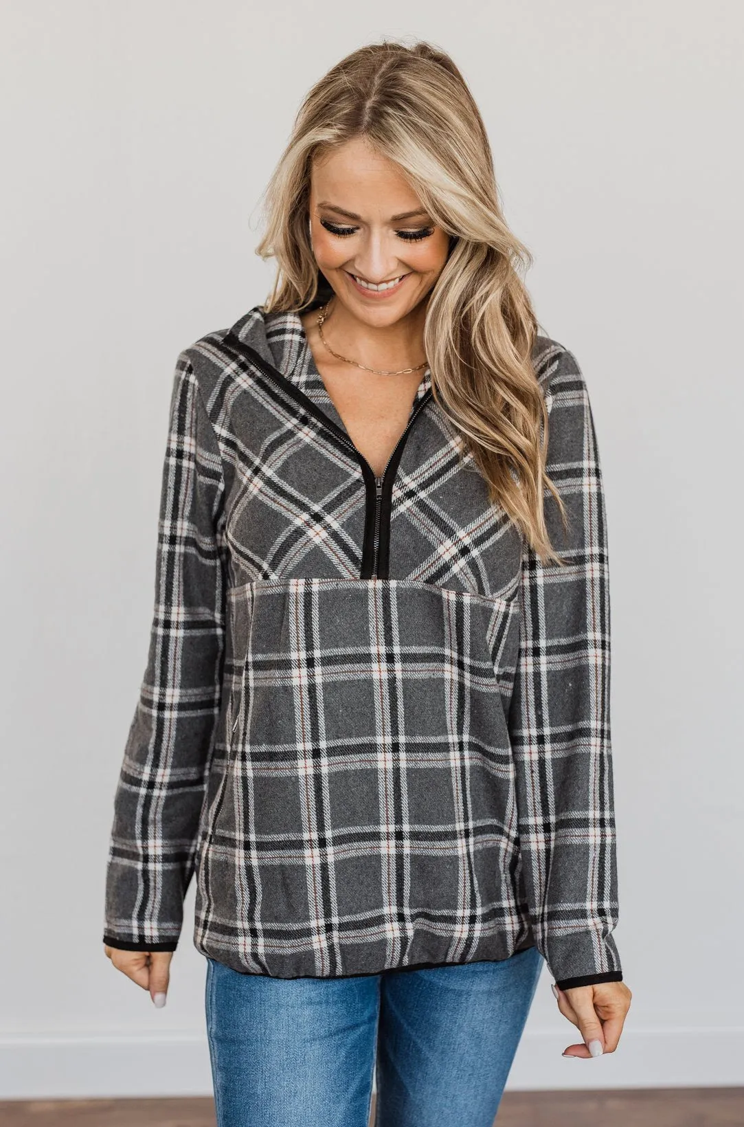 Make Them Smile Quarter Zip Flannel Jacket- Charcoal & Rust