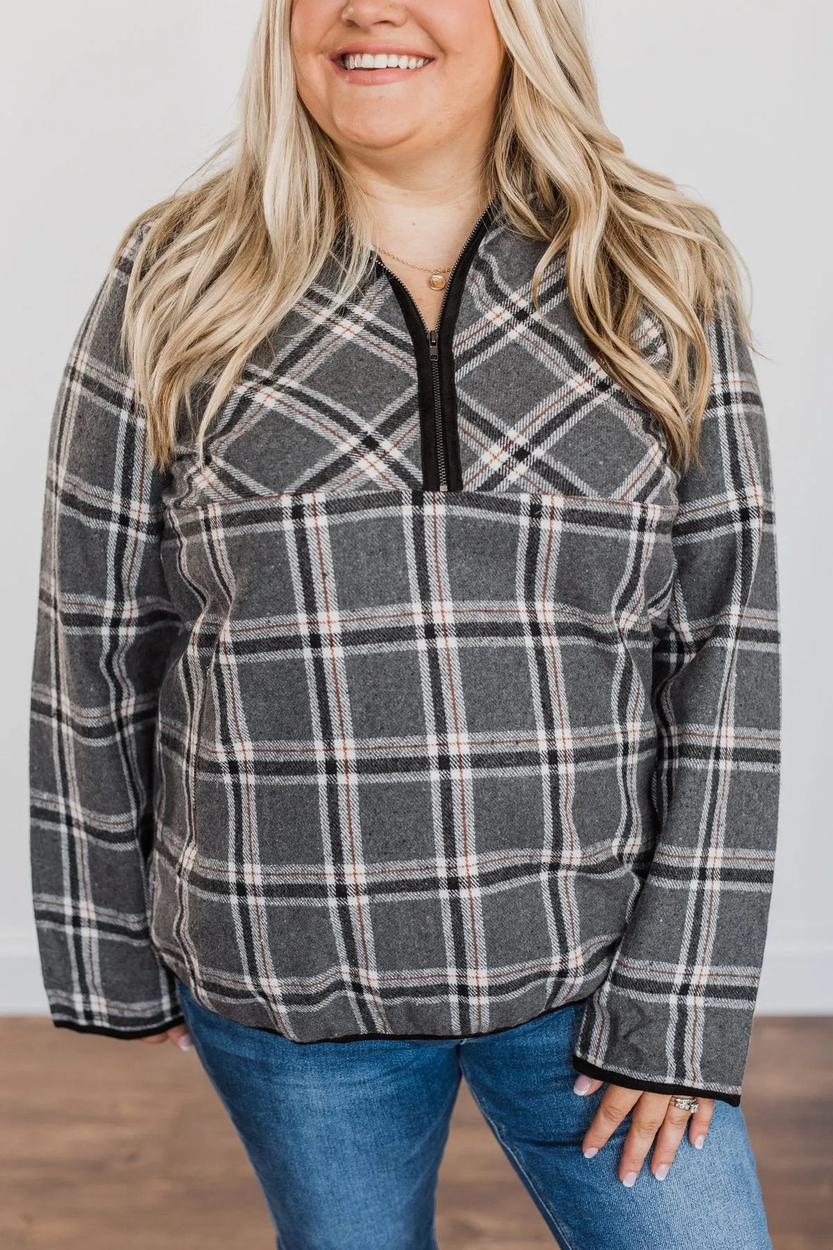 Make Them Smile Quarter Zip Flannel Jacket- Charcoal & Rust