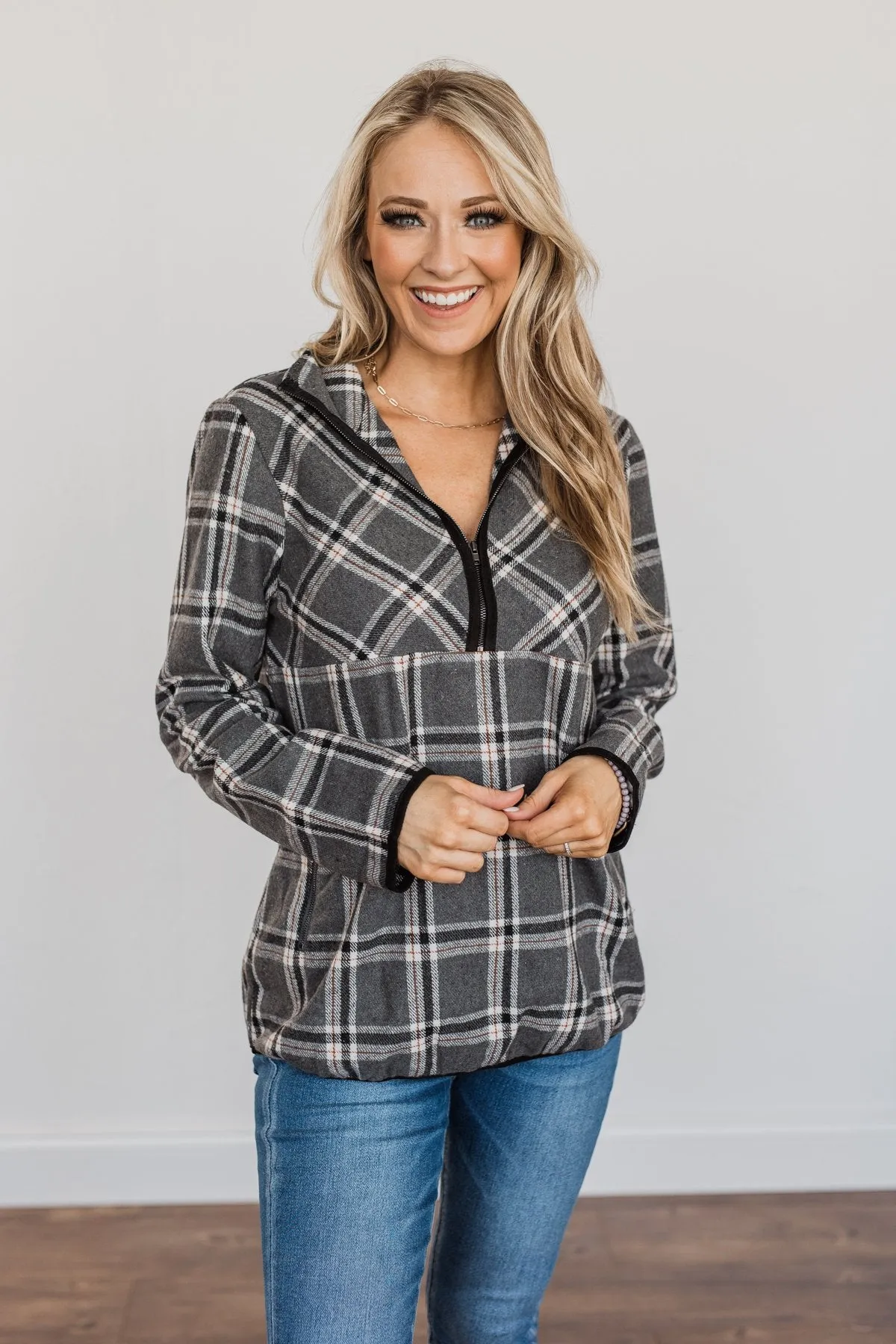 Make Them Smile Quarter Zip Flannel Jacket- Charcoal & Rust