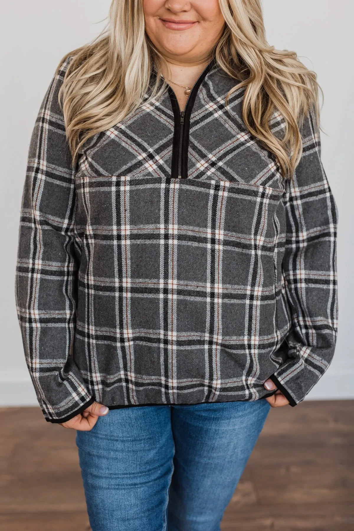 Make Them Smile Quarter Zip Flannel Jacket- Charcoal & Rust