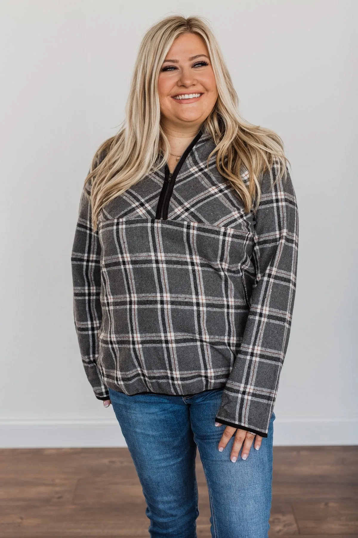 Make Them Smile Quarter Zip Flannel Jacket- Charcoal & Rust