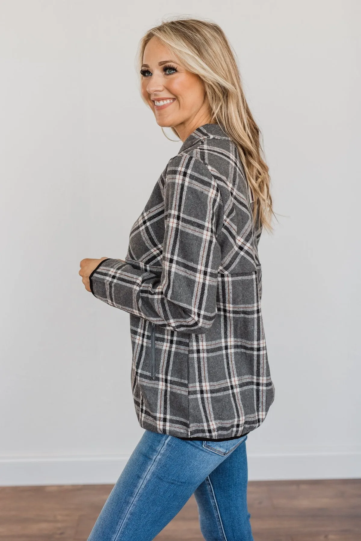 Make Them Smile Quarter Zip Flannel Jacket- Charcoal & Rust