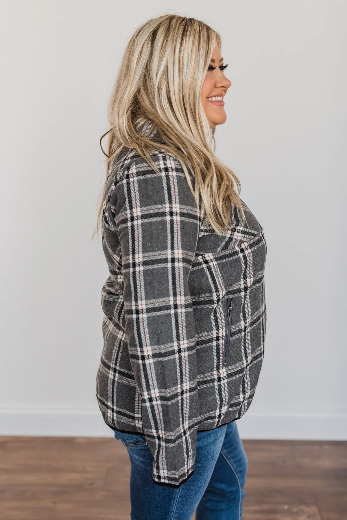 Make Them Smile Quarter Zip Flannel Jacket- Charcoal & Rust