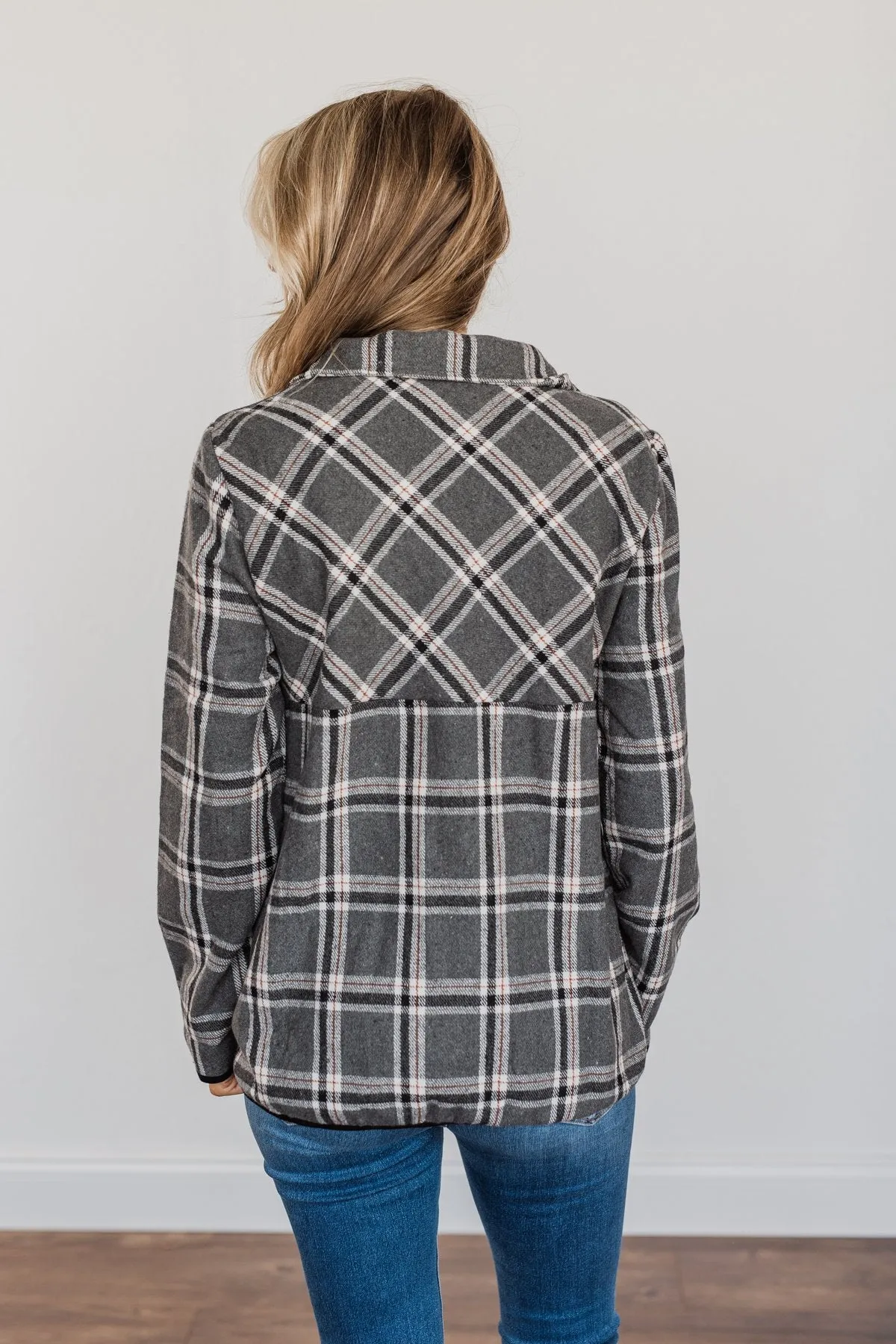 Make Them Smile Quarter Zip Flannel Jacket- Charcoal & Rust