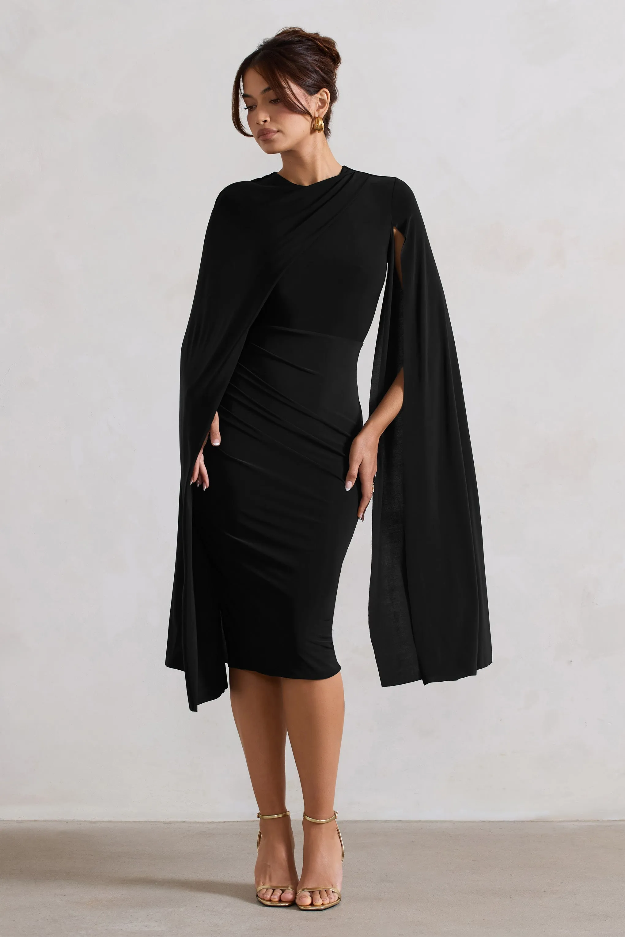 Marysol | Black Asymmetric Cape Midi Dress