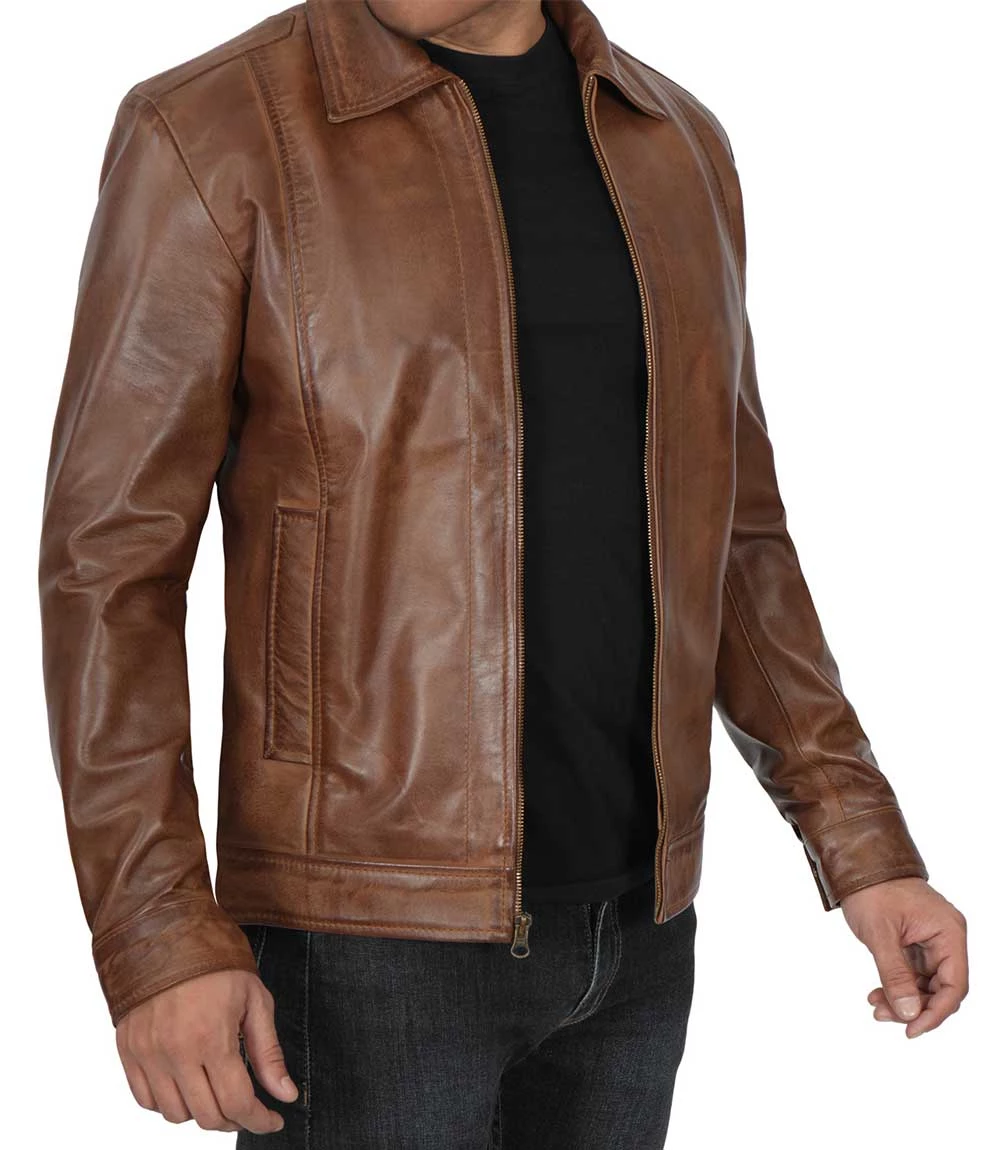 Men's Chocolate Brown Harrington Vintage Leather Jacket | 2-4 Days Free Delivery