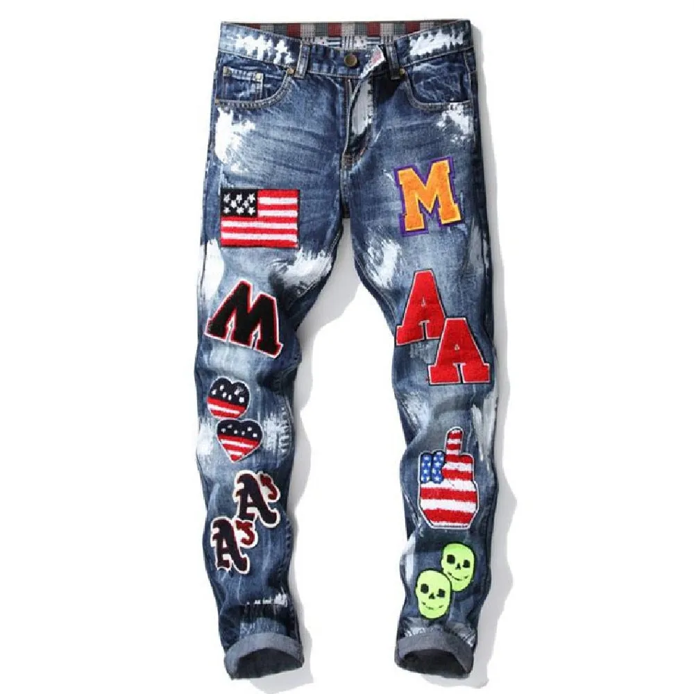 Men's Embroidered Small Straight Bottom Insignia Paint Slim No stretch English Alphabetic Jeans