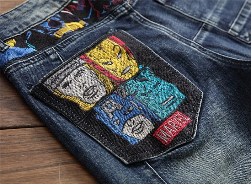 Men's Embroidery Badge Patchwork Slim Fit Washed-out Straight Leg Jeans