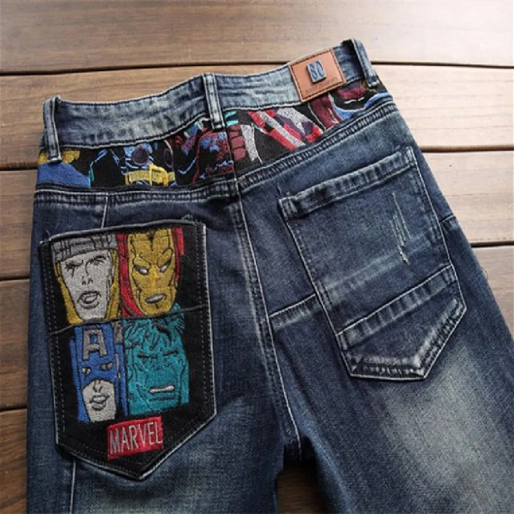 Men's Embroidery Badge Patchwork Slim Fit Washed-out Straight Leg Jeans