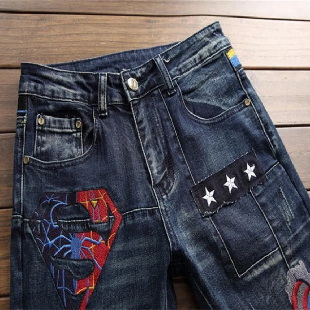 Men's Embroidery Badge Patchwork Slim Fit Washed-out Straight Leg Jeans