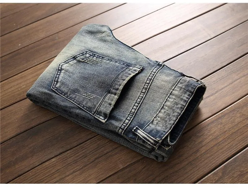 Men's Vintage Ripped Slim Straight Jeans with Letter Embroidery Patchwork