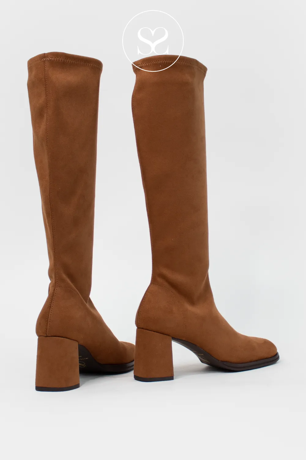 MISS ELASTIC 876211-AE TAN SUEDE STRETCH PULL ON KNEE HIGH BOOTS