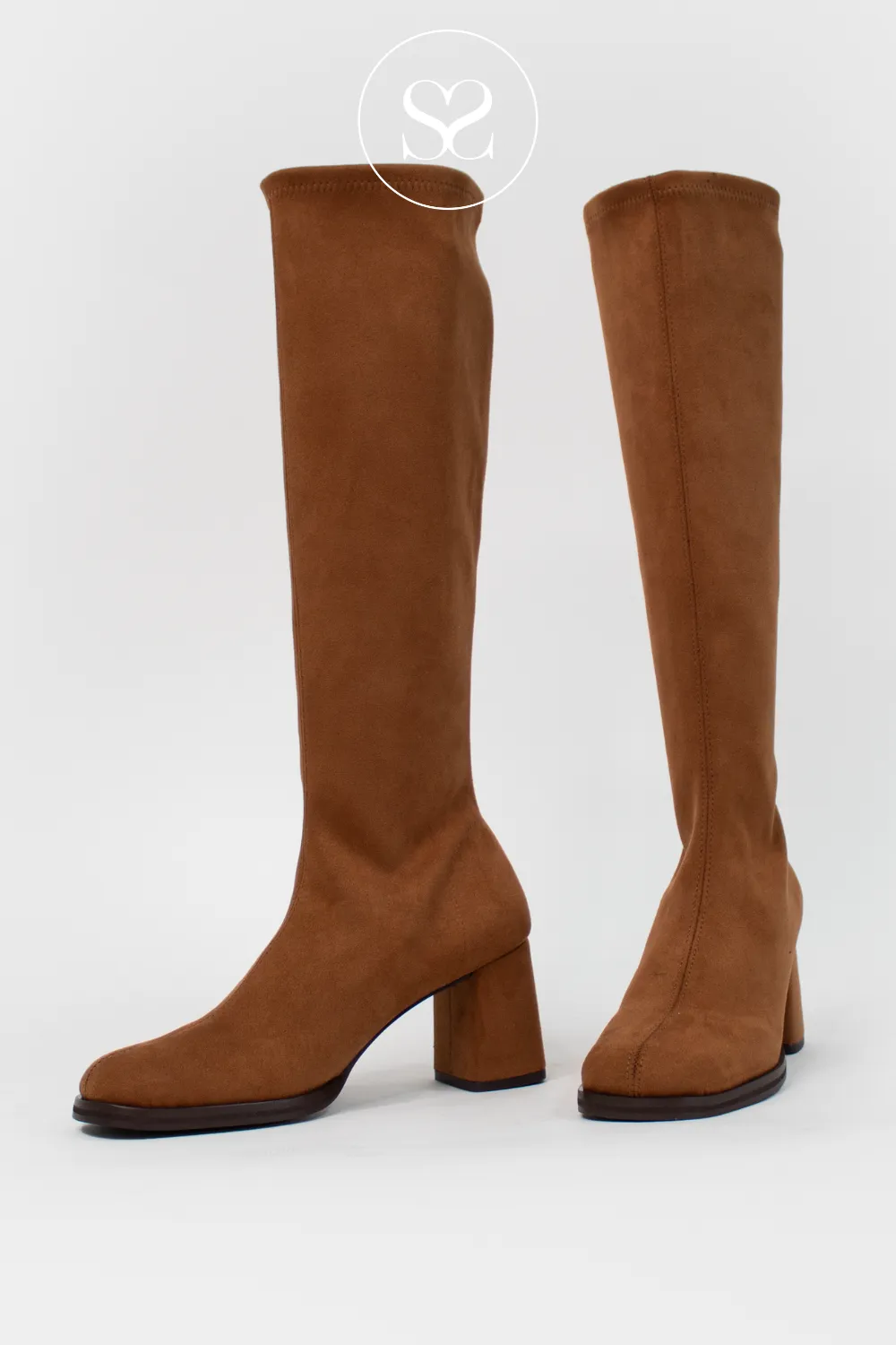 MISS ELASTIC 876211-AE TAN SUEDE STRETCH PULL ON KNEE HIGH BOOTS