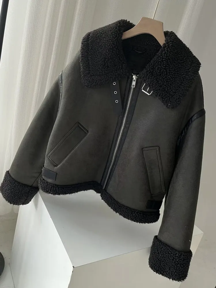 Moto Biker Thick Warm Fur Faux Suede Leather Zipper Jacket for Women