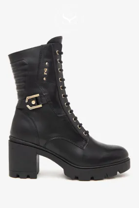 NERO GIARDINI I411902D BLACK LEATHER BLOCK HEEL MILITARY BOOTS