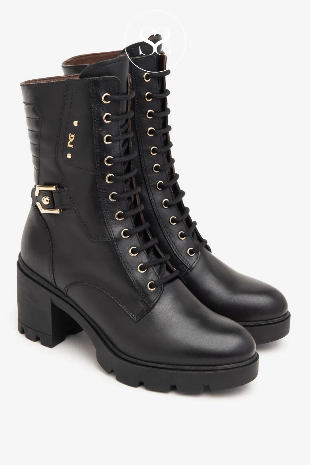 NERO GIARDINI I411902D BLACK LEATHER BLOCK HEEL MILITARY BOOTS