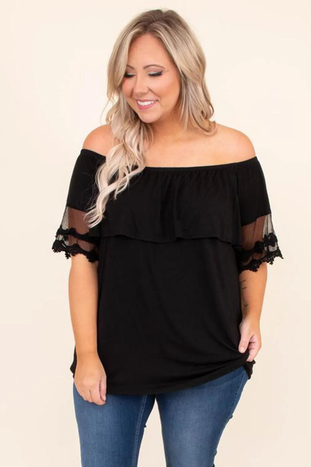 Off-the-Shoulder Lace Sleeve Top - Plus Size